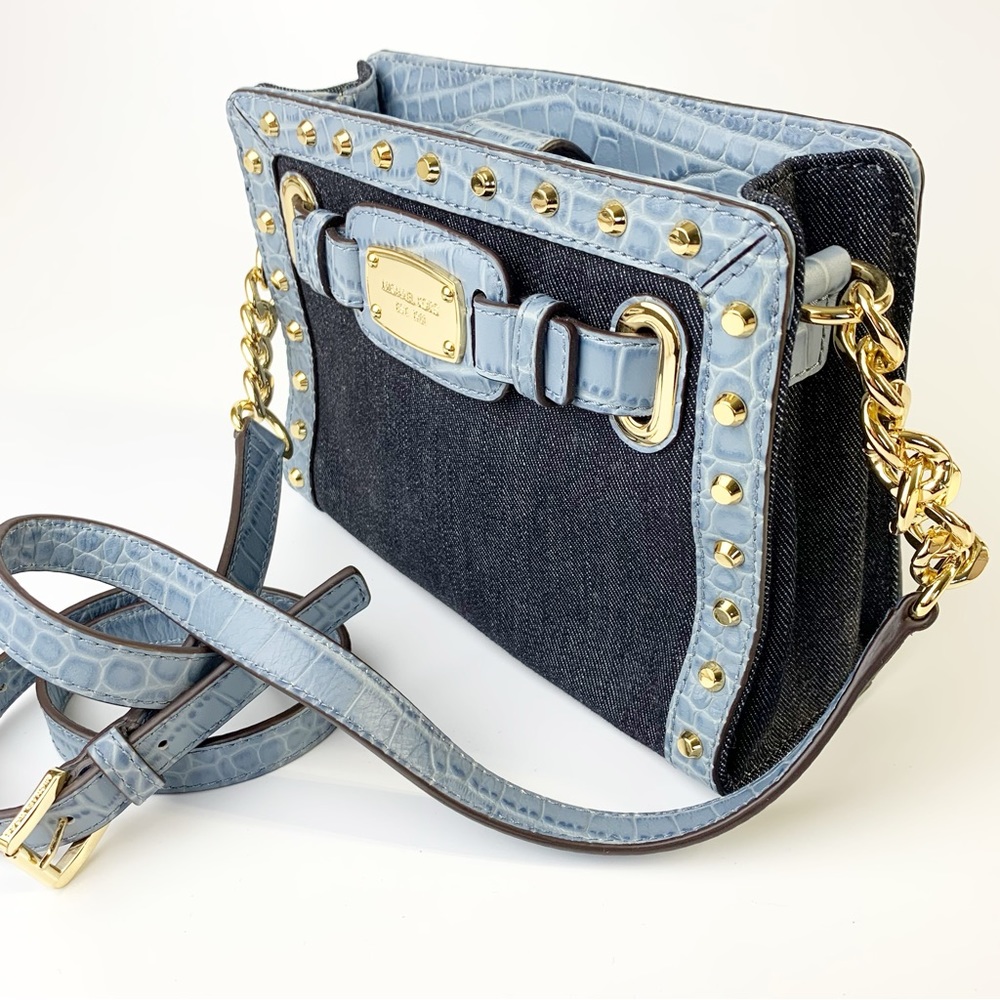 Michael Kors Selma Blue Denim Gold Studded Crossbody Shoulder
Handbag Purse